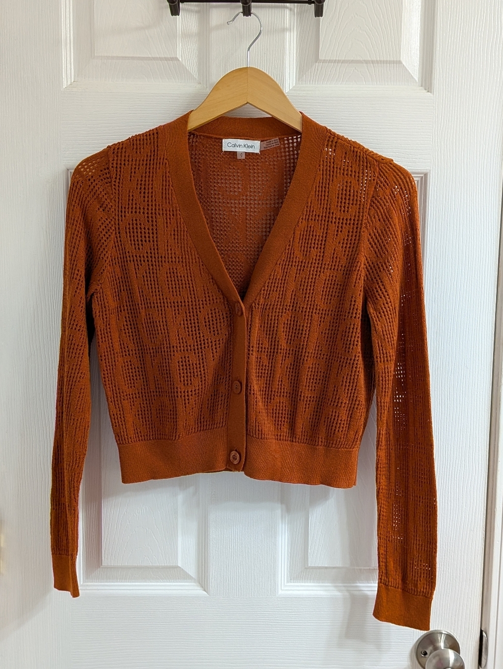 Women's Calvin Klein Cropped Cardigan Small EUC‎ Rust Burnt Orange Knit Sweater